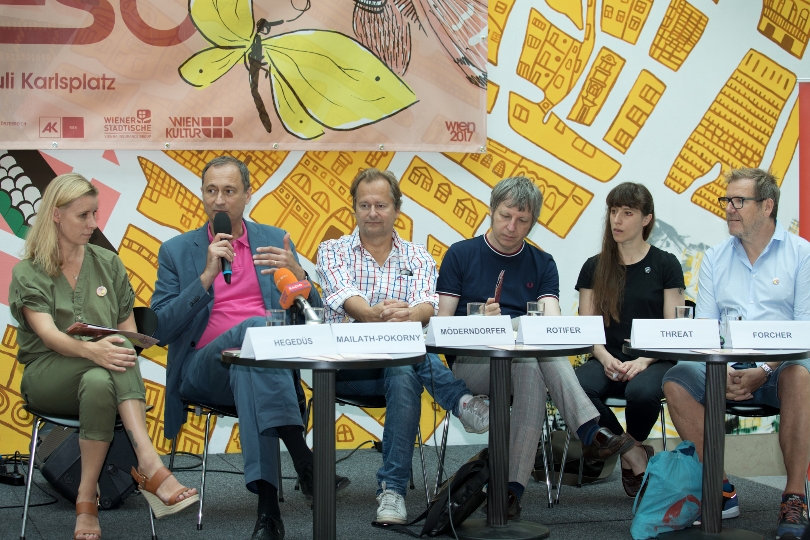 Pressekonferenz zum Popfest 2017 mit Gabriela Hegedüs, Stadtrat Andreas Mailath-Pokorny, Christoph Möderndorfer, Robert Rotifer, Ana Threat und Eberhard Forcher, v.l.n.r
