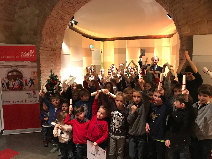 Die diesjährigen GewinnerInnen des Kindergarten Maria-Regina in 1190 Wien bei der gestrigen Preisverleihung im Mozarthaus Vienna.