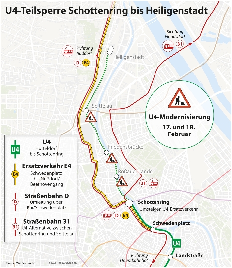 Ein Überblick über den Ersatzverkehr rund um die Arbeiten zur U4-Modernisierung am 17./18. Februar 2018.