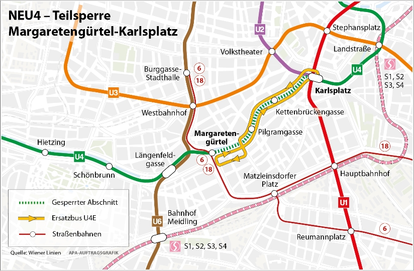 Teilsperre der U4 ziwschen Margartengürtel und Karlsplatz zwischen 31.3. und 2.4.2018.