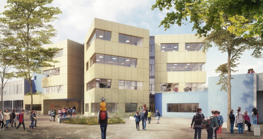 In der Carlbergergasse in Wien-Liesing wird eine Neue Mittelschule erweitert und eine ganztägig geführte Volksschule neu gebaut.