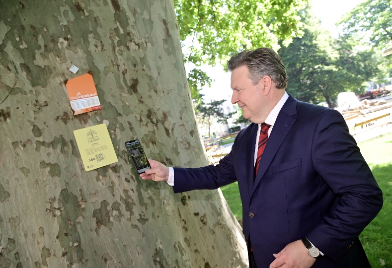 Bürgermeister Ludwig testet "NDQUEST", die neue Smartphone-App zum Entdecken der Naturdenkmäler in Wien.