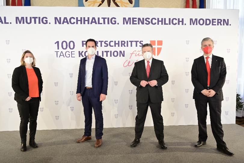 "100 Tage Fortschrittskoalition“ mit Bürgermeister Michael Ludwig (SPÖ), Vizebürgermeister Christoph Wiederkehr (NEOS)
