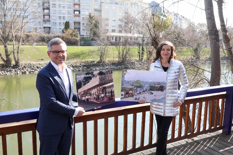 Staatssekretär Magnus Brunner und Stadträtin Ulli Sima präsentieren die Wettbewerbsergebnisse für weitere Flächen am Donaukanal
