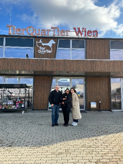 Pekinesendame Suzi samt Familie vor dem TierQuarTier Wien