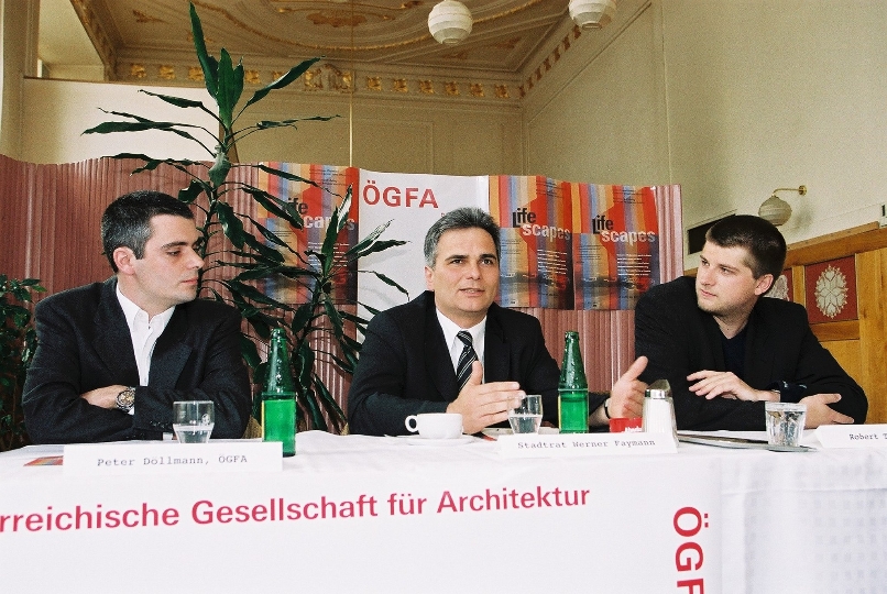 StR. Werner Faymann präsentiert gemeinsam mit den beiden Projektleitern Peter Döllmann (li.) und Robert Temel (re.) die Veranstaltung "Lifescapes"
