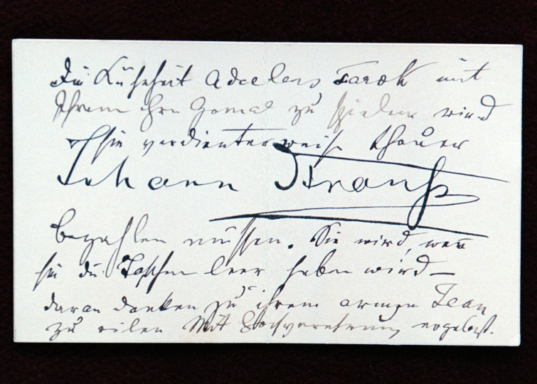 Eigenhändige Mitteilung von Johann Strauß auf einer vorgedruckten Autogrammkarte