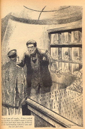 Böser Bibliothekar nutzt junge Studenten aus: Illustration zu "The cerebral library" von David H. Keller, erschienen in der Zeitschrift "Amazing Stories" im Heft vom Mai 1931
