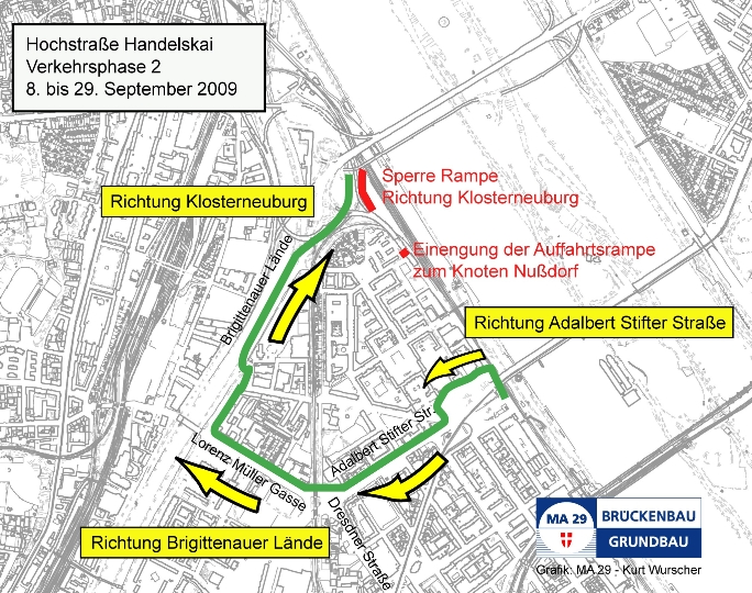 Grafik der Verkehrspahse 2 am Knoten Nußdorf mit der Umleitungsstrecke Richtung Klosterneuburg