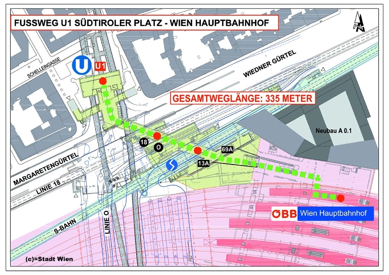 Rund 335 m ist der Weg zwischen den Bahnsteigen der U1 und jenen des künftigen Hauptbahnhofes Wien