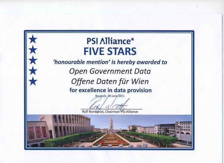"PSI Alliance 5 Stars competition" - Ehrenpreis für den Open Government Data-Katalog