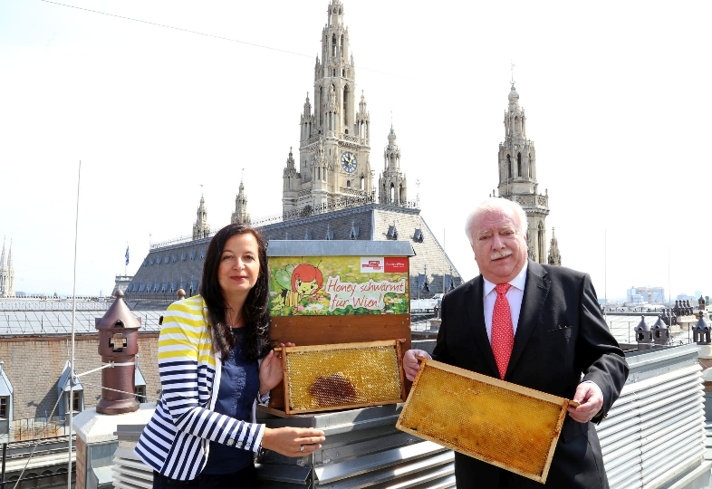 Häupl und Sima präsentieren Bienenstöcke am Rathausdach. 