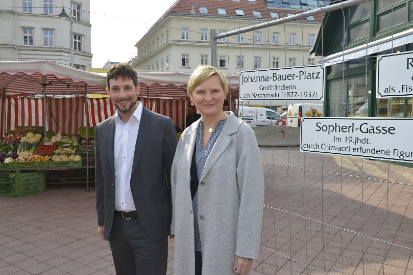 Stadträtin Sandra Frauenberger und Bezirksvorsteher von Mariahilf Markus Rumelhart präsentierten neue Projekte für den Naschmarkt.