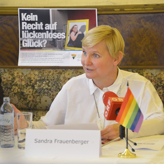 Antidiskriminierungsstadträtin Sandra Frauenberger bei der Pressekonferenz zur Präsentation der Ergebnisse der Studie "Queer in Wien". 