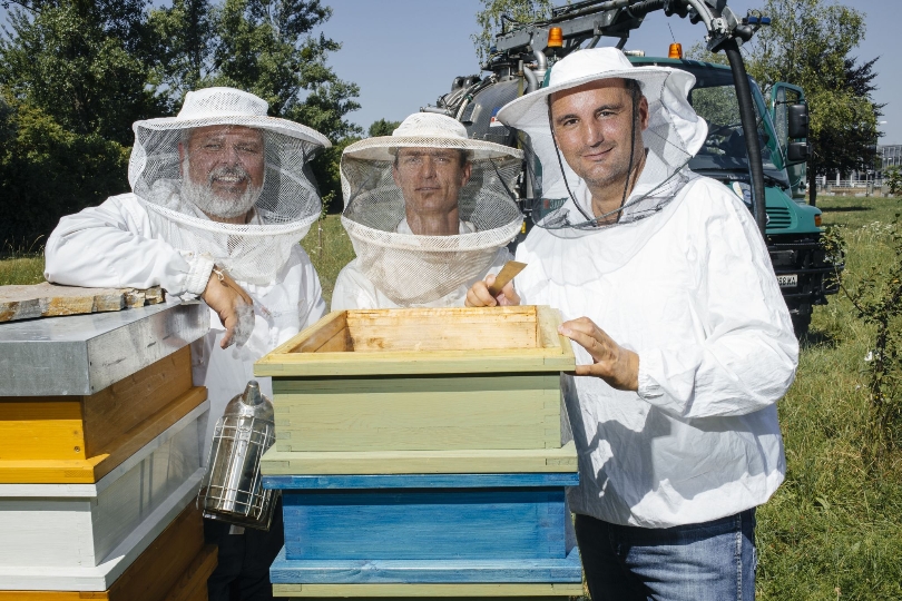 v.l.n.r.: Die Imker Thomas Rautner, Gerald Kreppenhofer und Josef Gottschall von Wien Kanal betreuen auf zwei Flächen der Abteilung nun 13 Bienenvölker.