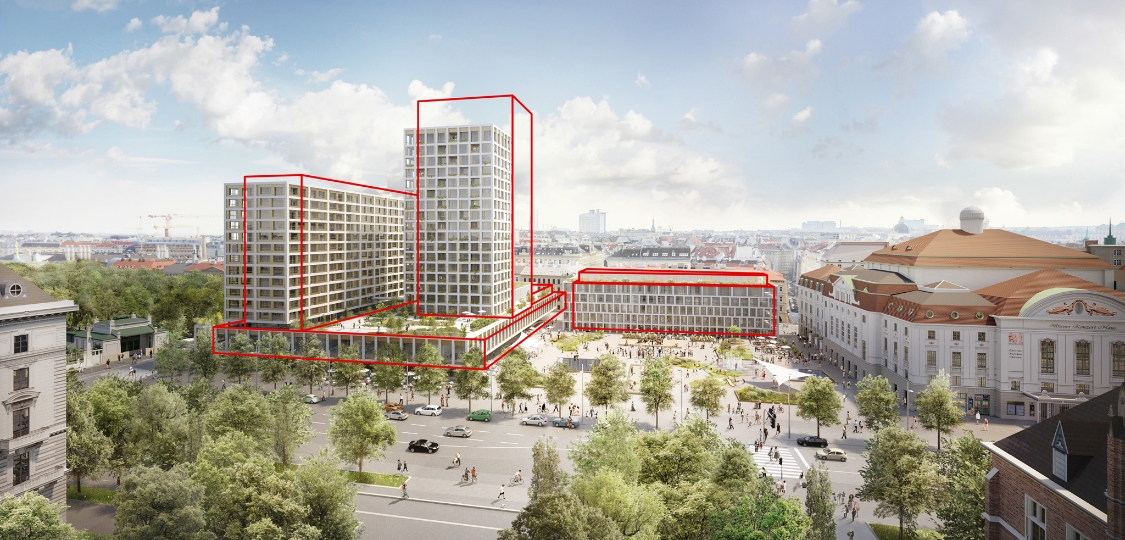 Visualisierung des redimensionierten Projekts „Wiener Eislaufverein / Hotel Intercontinental / Wiener Konzerthaus“: Sommer-Ansicht