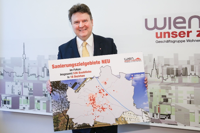 Wohnbaustadtrat Michael Ludwig präsentierte die neuen Sanierungszielgebiete in 18 Wiener Bezirken. Sanierungsprojekte dort werden von der Stadt Wien besonders gefördert.
