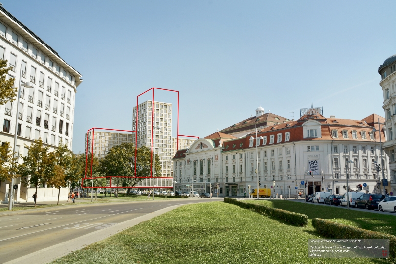 Visualisierung des redimensionierten Projekts „Wiener Eislaufverein / Hotel Intercontinental / Wiener Konzerthaus“: Ansicht Ecke Schwarzenbergplatz