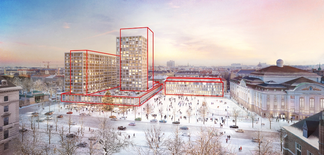 Visualisierung des redimensionierten Projekts „Wiener Eislaufverein / Hotel Intercontinental / Wiener Konzerthaus“: Winter-Ansicht