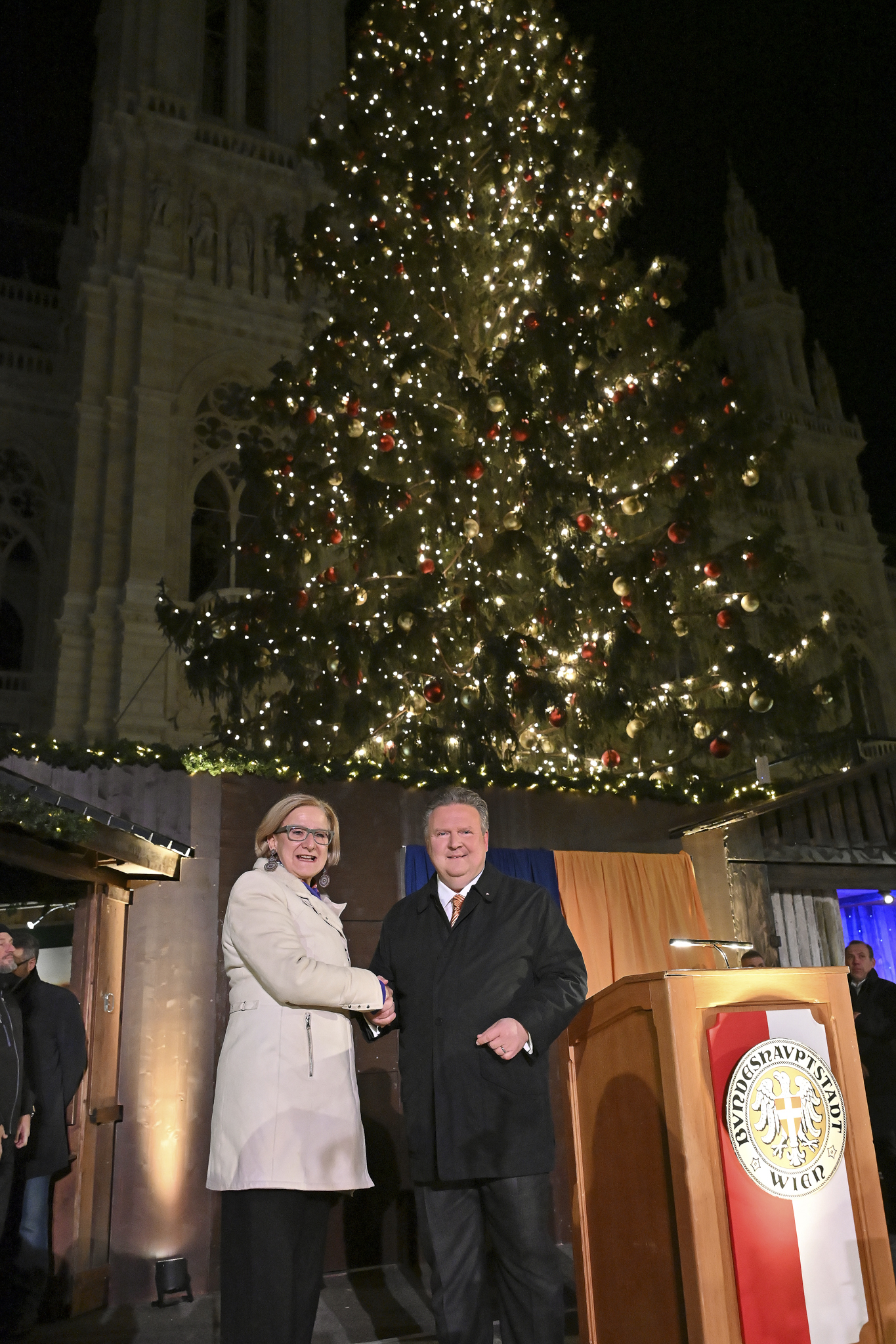 . L'albero di Natale Waldviertel si illumina sulla piazza del municipio .